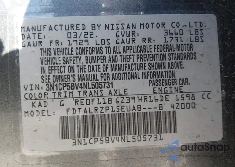 2022 Nissan Kicks S Xtronic Cvt z USA, uszkodzony, nr VIN 3N1CP5BV4NL505731